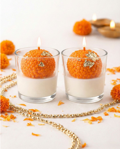 Set Of Two Orange Ladoo-Inspired Jar Candle