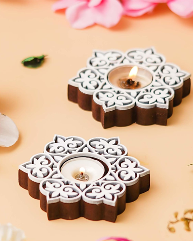 Set of 2 White Brown Wooden Floral Printing Block Decorative Tea Light Candle Holders, Diya Stands