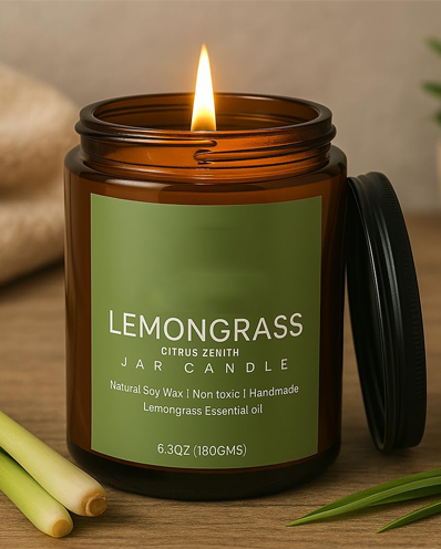 Lemongrass Soy Candle, 180g, Essential Oil Aromatherapy Candle Fresh Citrus Scent