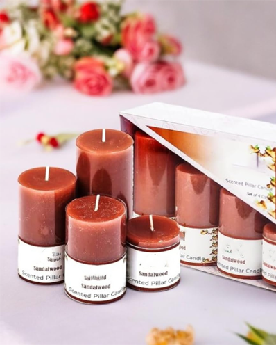 Sandalwood Scented Wax Pillar Candle Set - Pack of 4